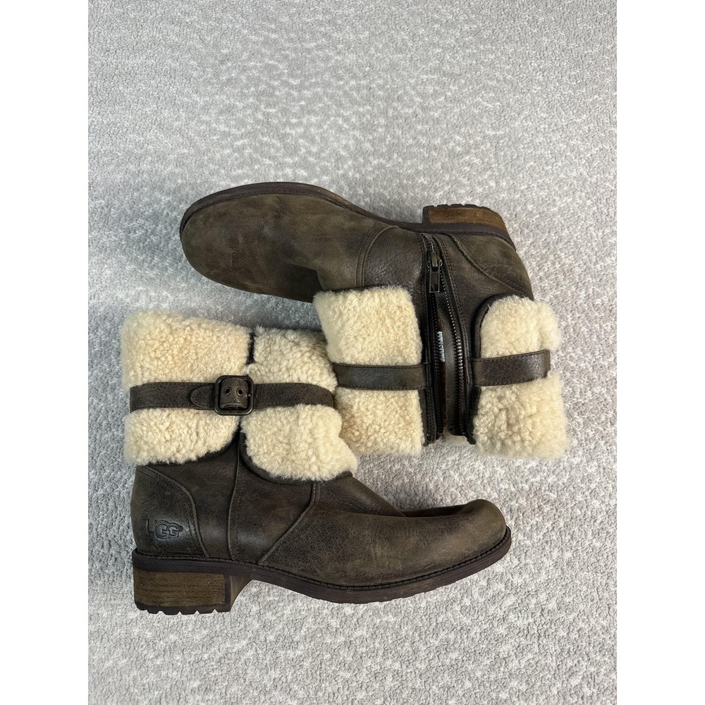 UGG Blayre Boots Womens Size 9.5 Brown Leather Shearling‎ Lined Zip Buckle